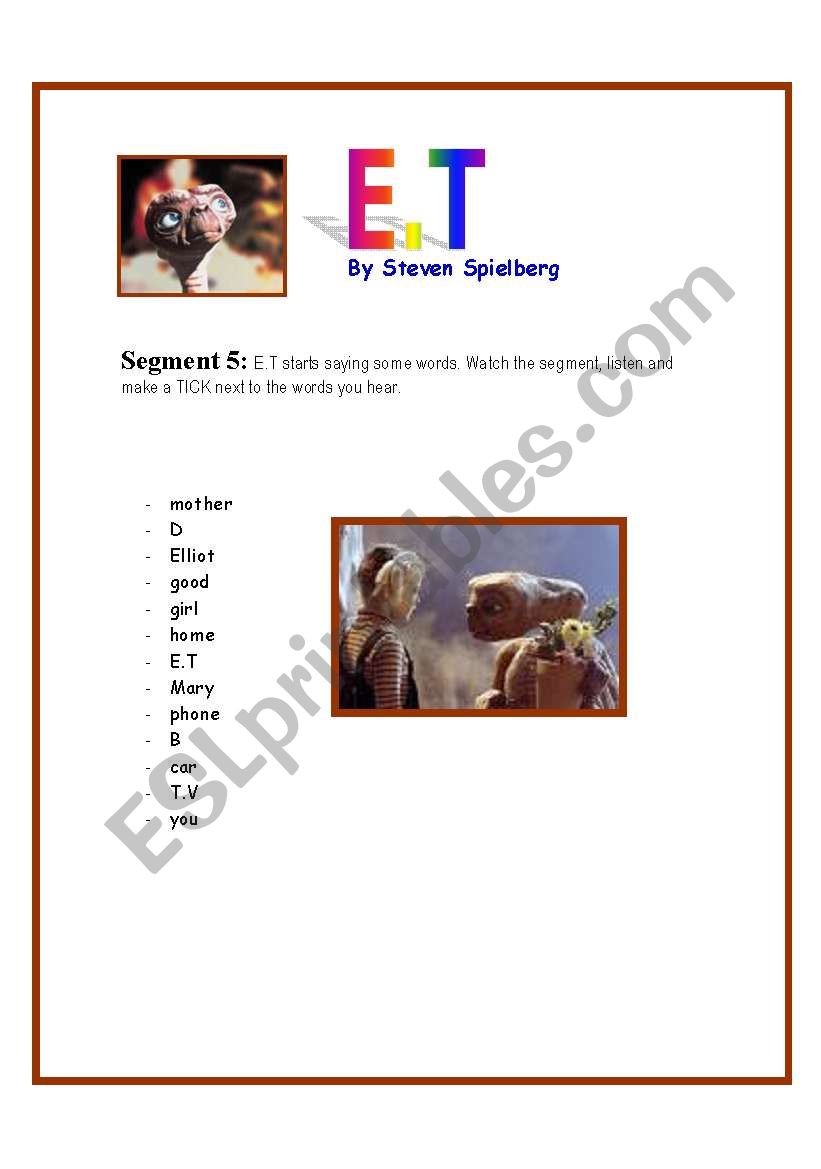 E.T Movie Segment 5 worksheet