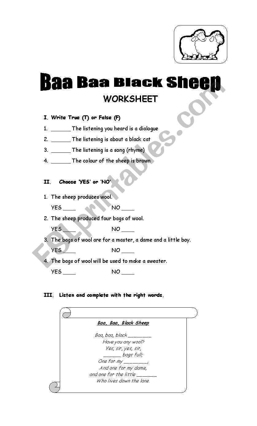 Baa Baa Blacksheep worksheet