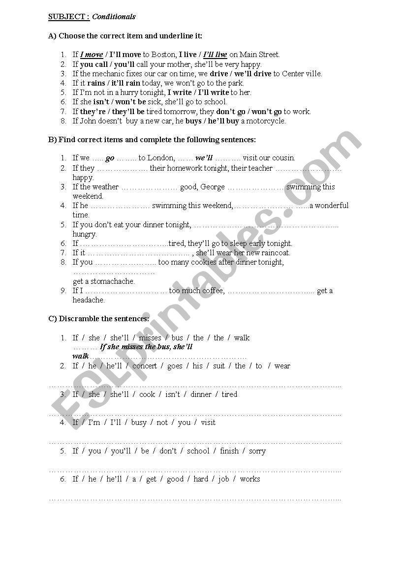 conditionals type 1 worksheet