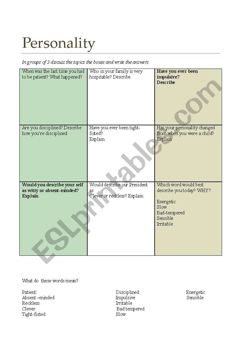 Personality worksheet