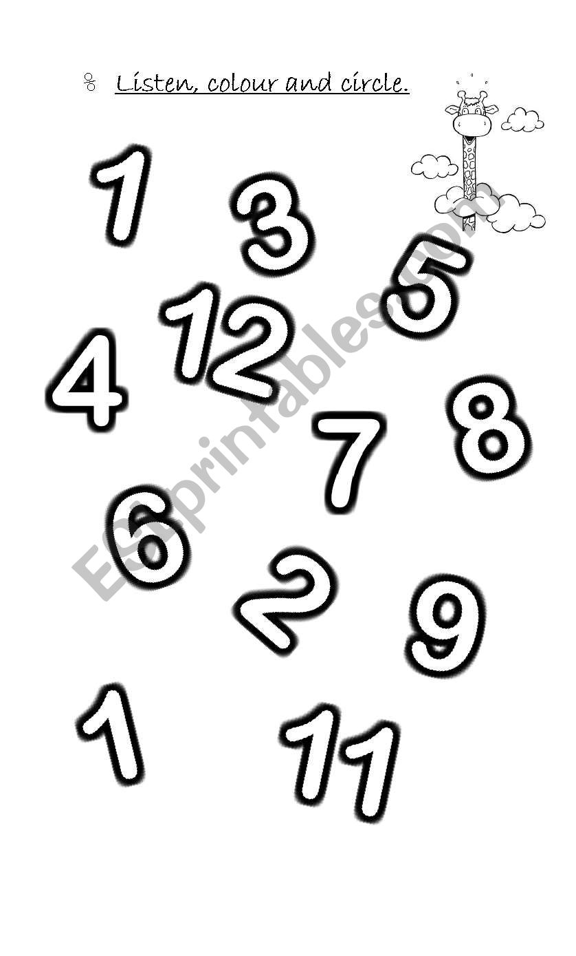 Listening + numbers + colours worksheet