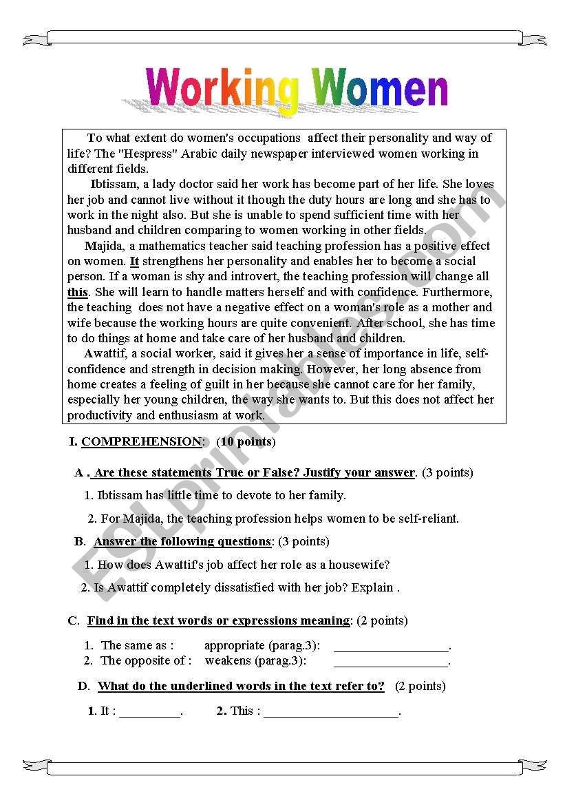 Working women  worksheet