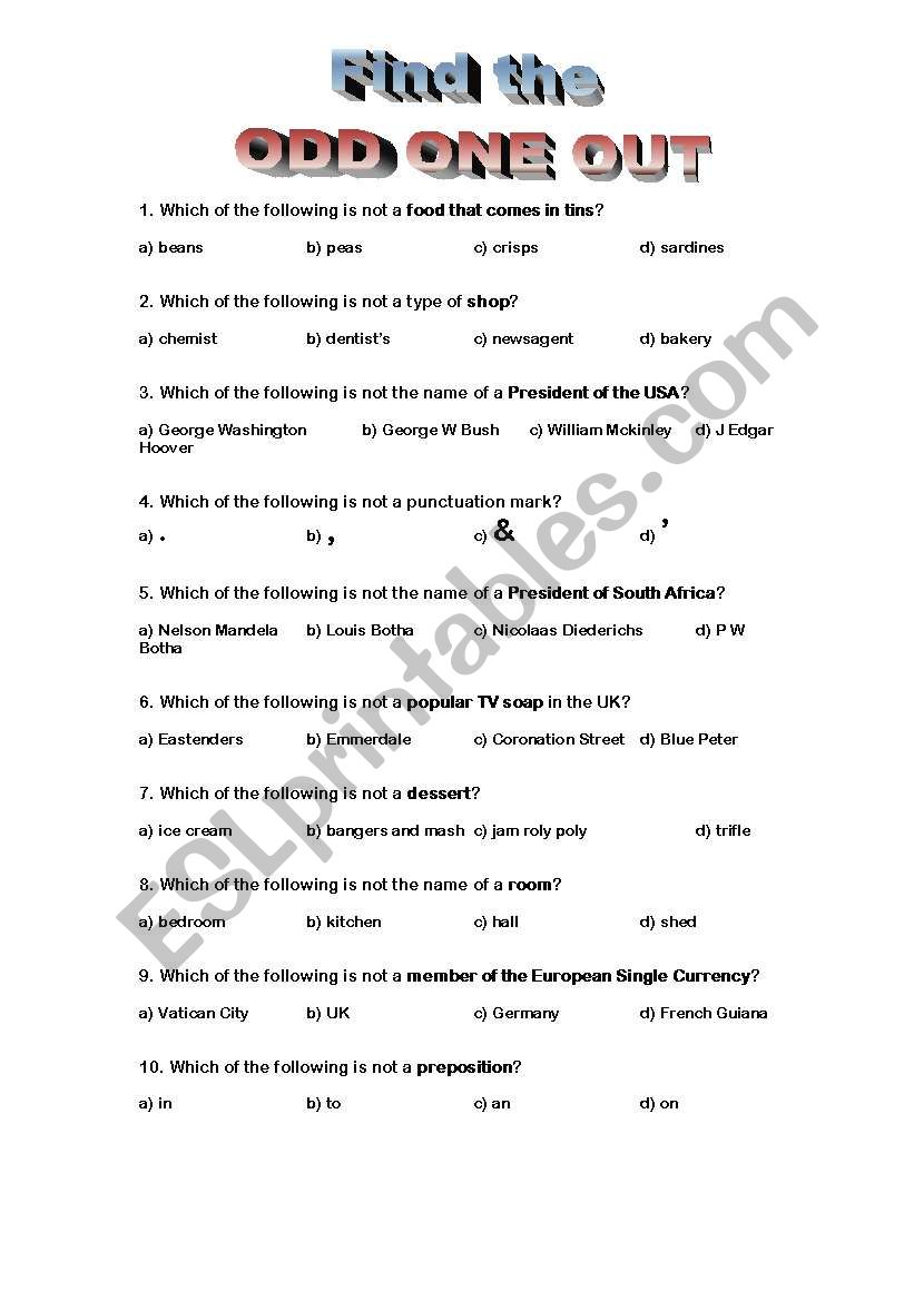 Find the odd one out worksheet