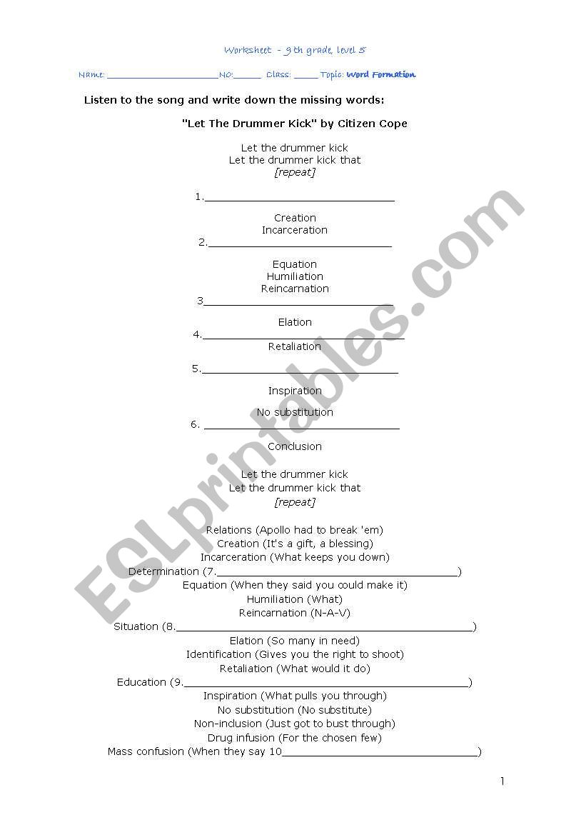 Music and grammar worksheet