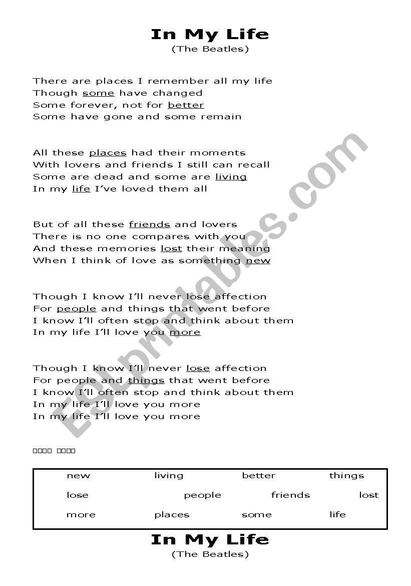 The Beatles - In My Life worksheet