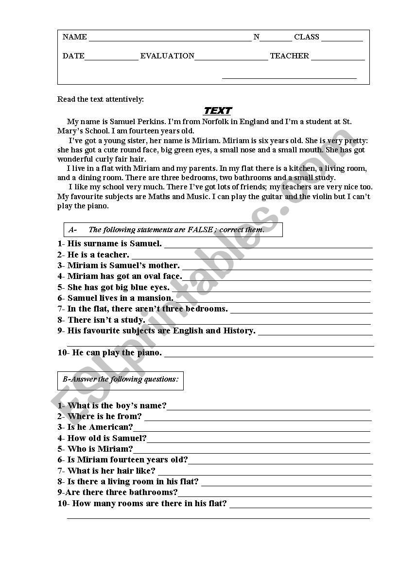 Comprehension test worksheet