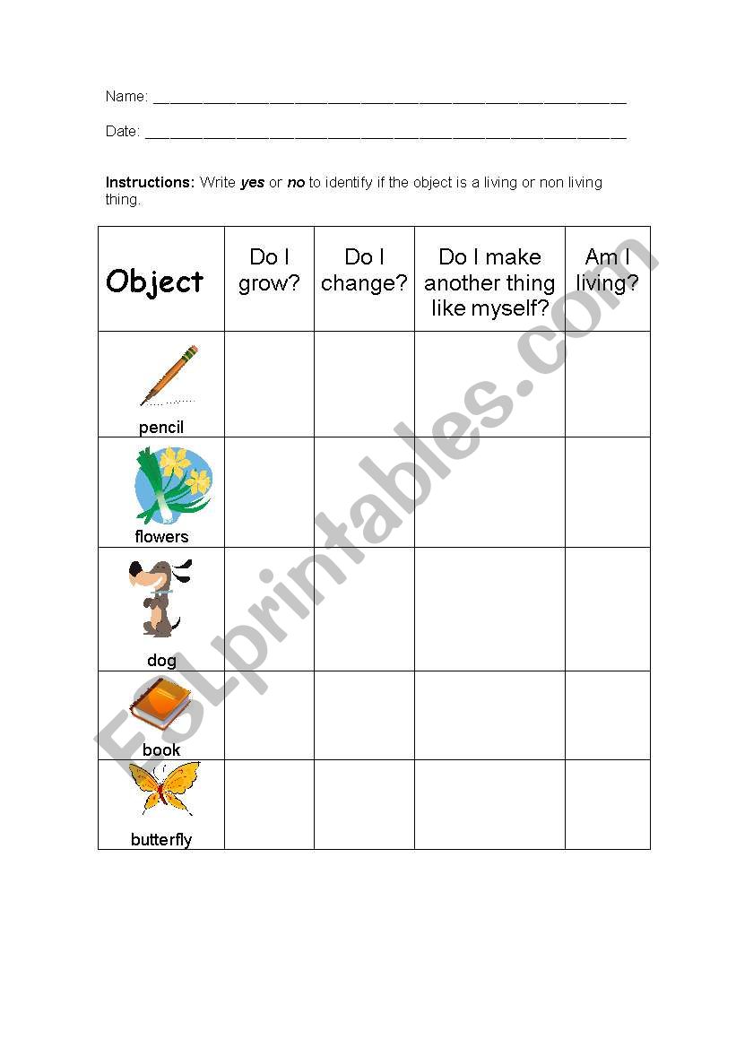 Living and Non Living Chart worksheet
