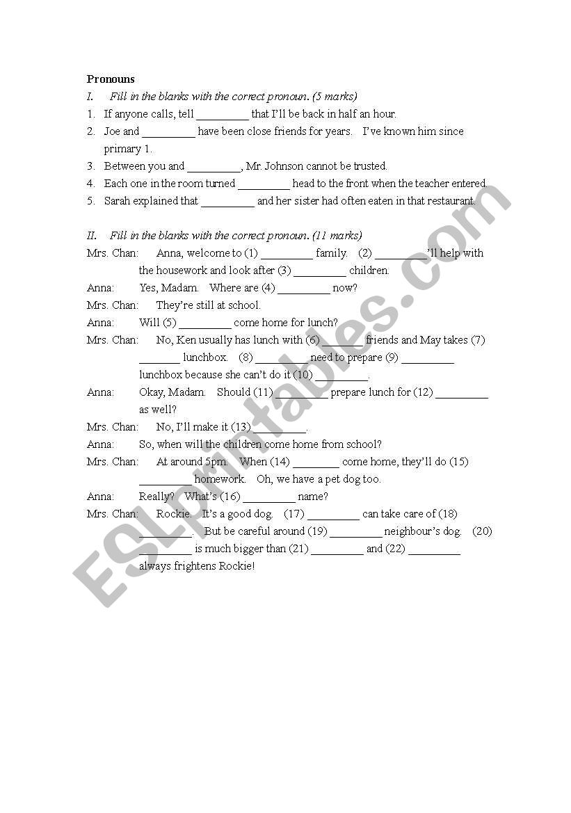 Pronouns Exercise worksheet