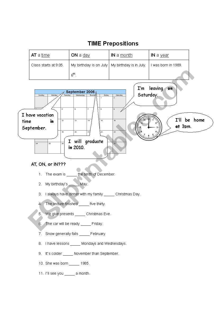 Time Prepositions worksheet