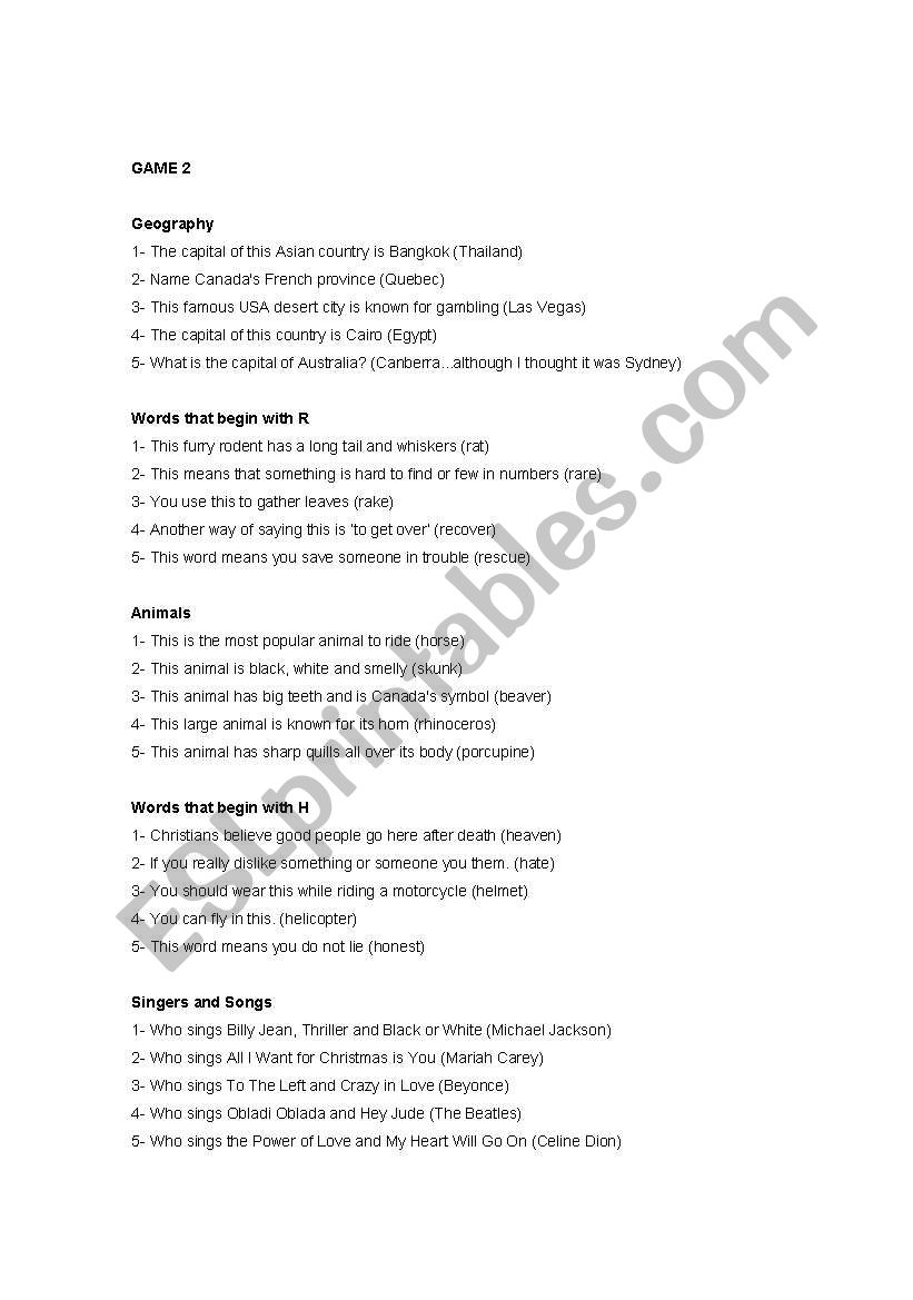 Jeopardy Game 2 worksheet