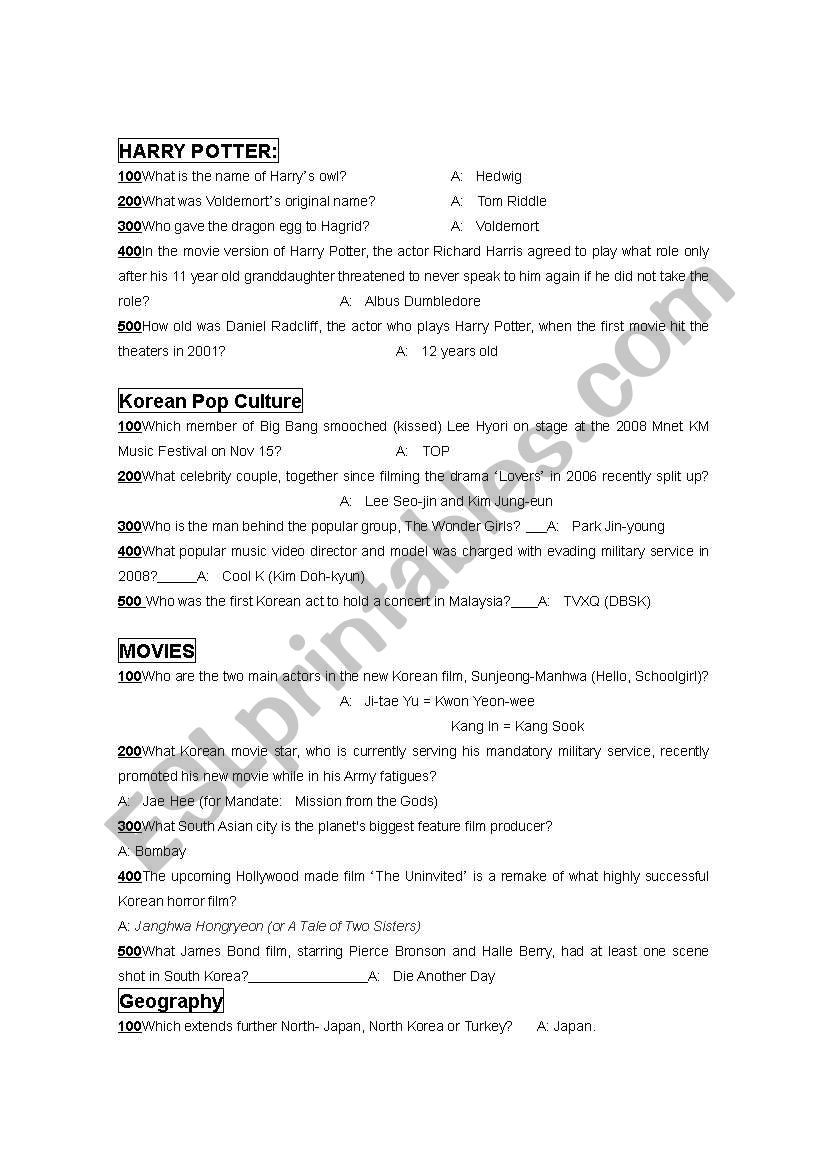 Jeopardy Game 3 worksheet