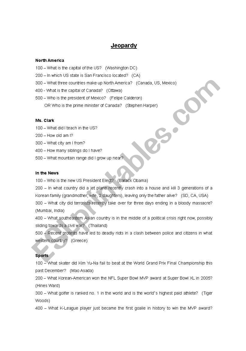 Jeopardy Game 4 worksheet