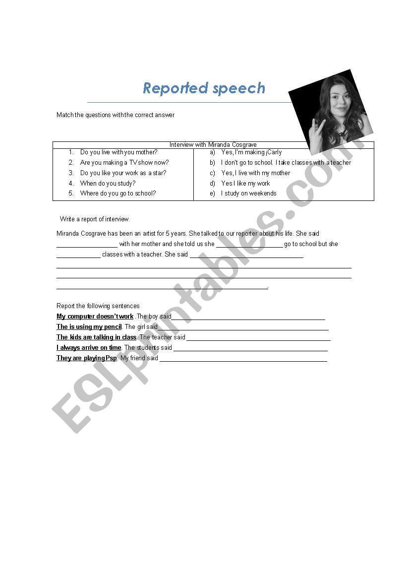 reported speech  worksheet