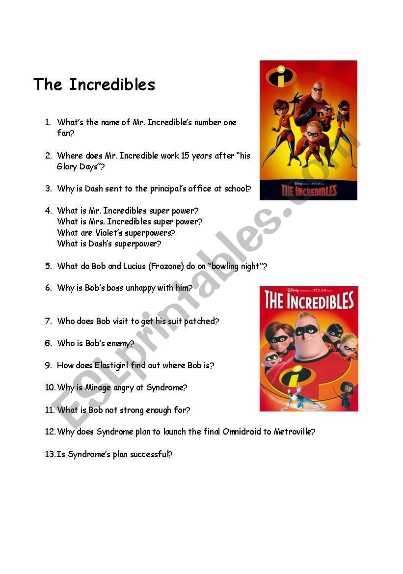 The Incredibles worksheet