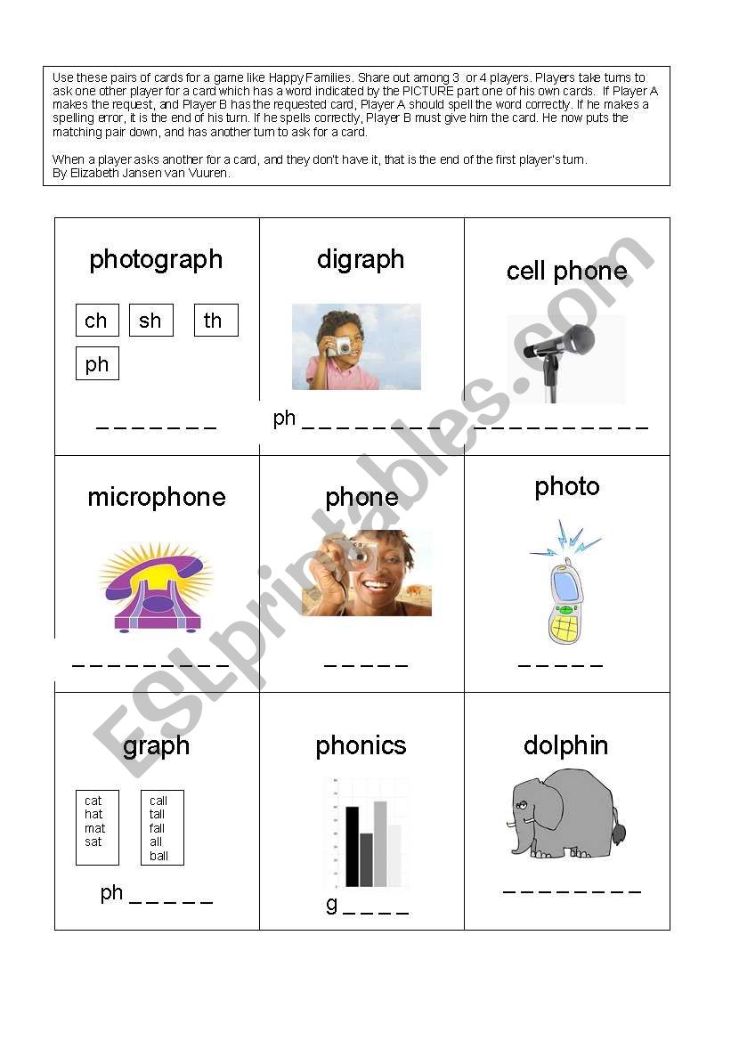 Ph words Happy Families Game worksheet