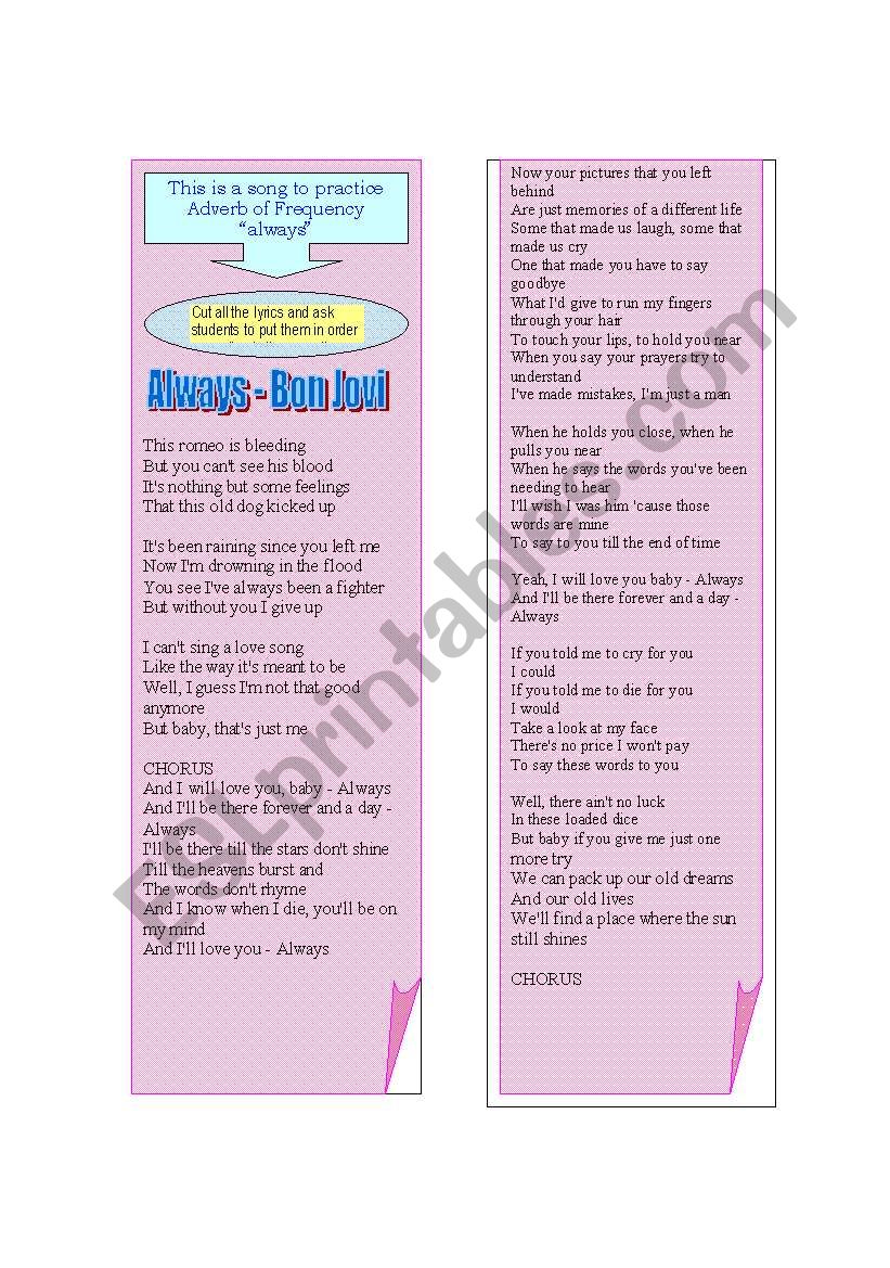 Song Always by Bon Jovi worksheet