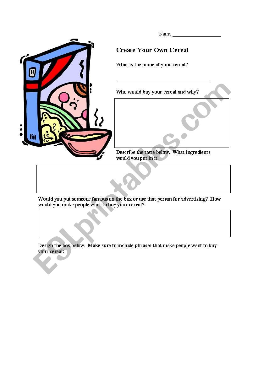 Create Your Own Cereal worksheet