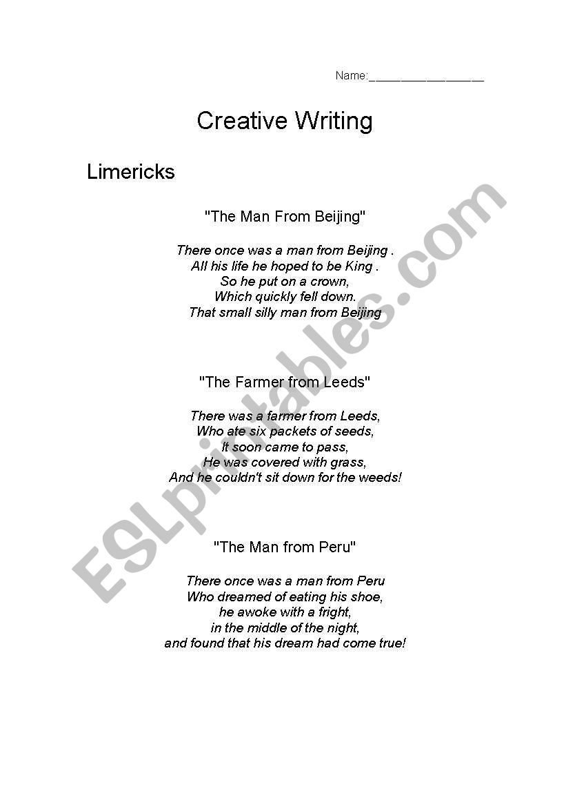 Creative Writing: Limericks worksheet
