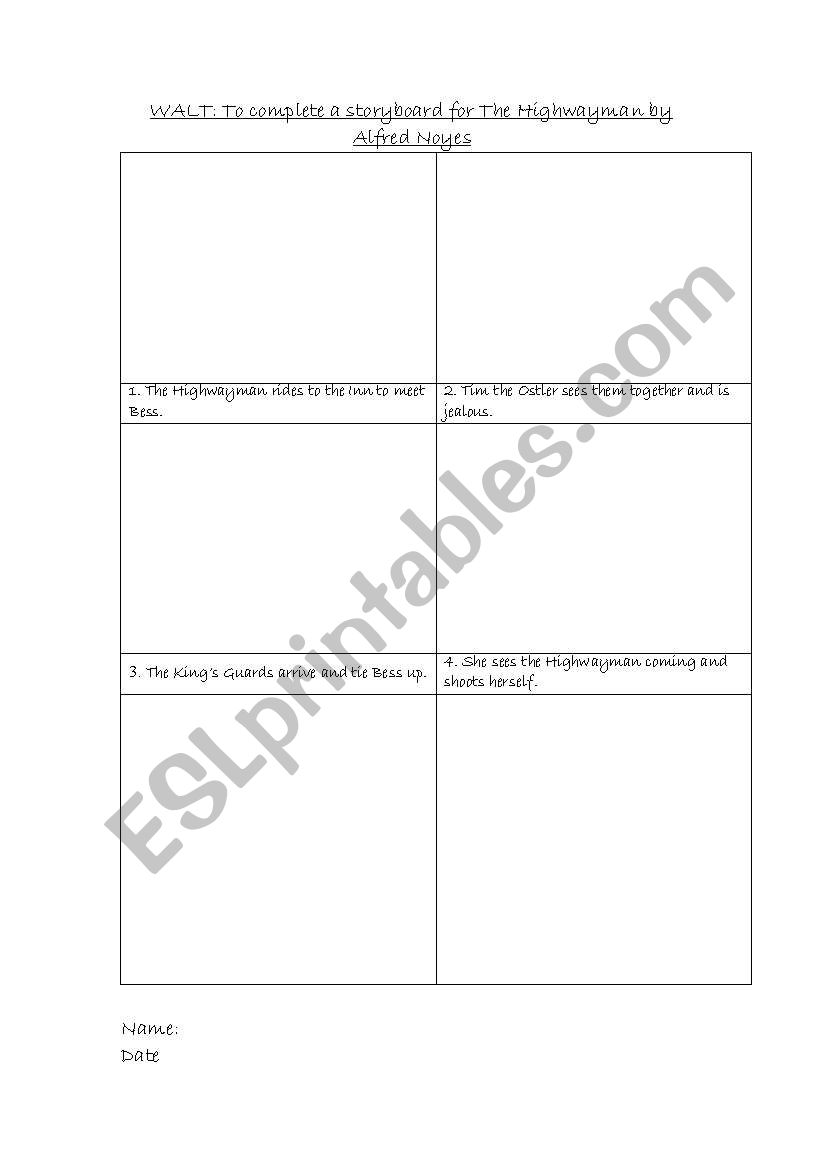 The Highwayman Storyboard worksheet