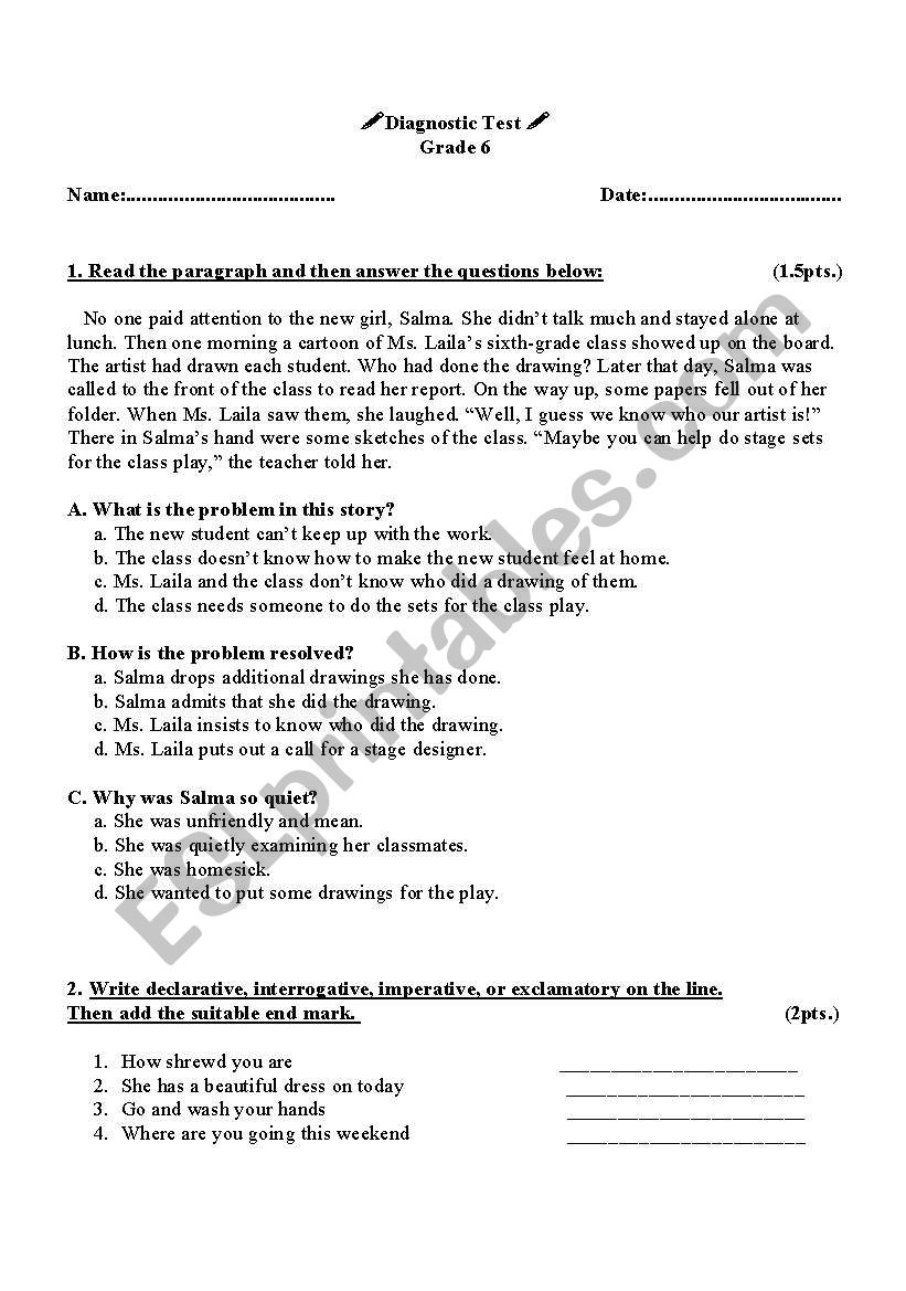 reading and grammar worksheet