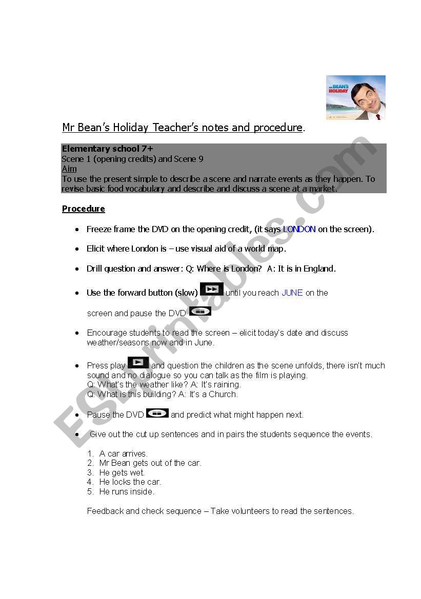 Mr Beans Holiday worksheet