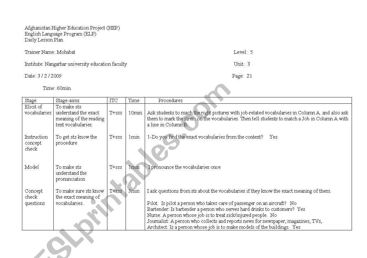 Lesson plan worksheet