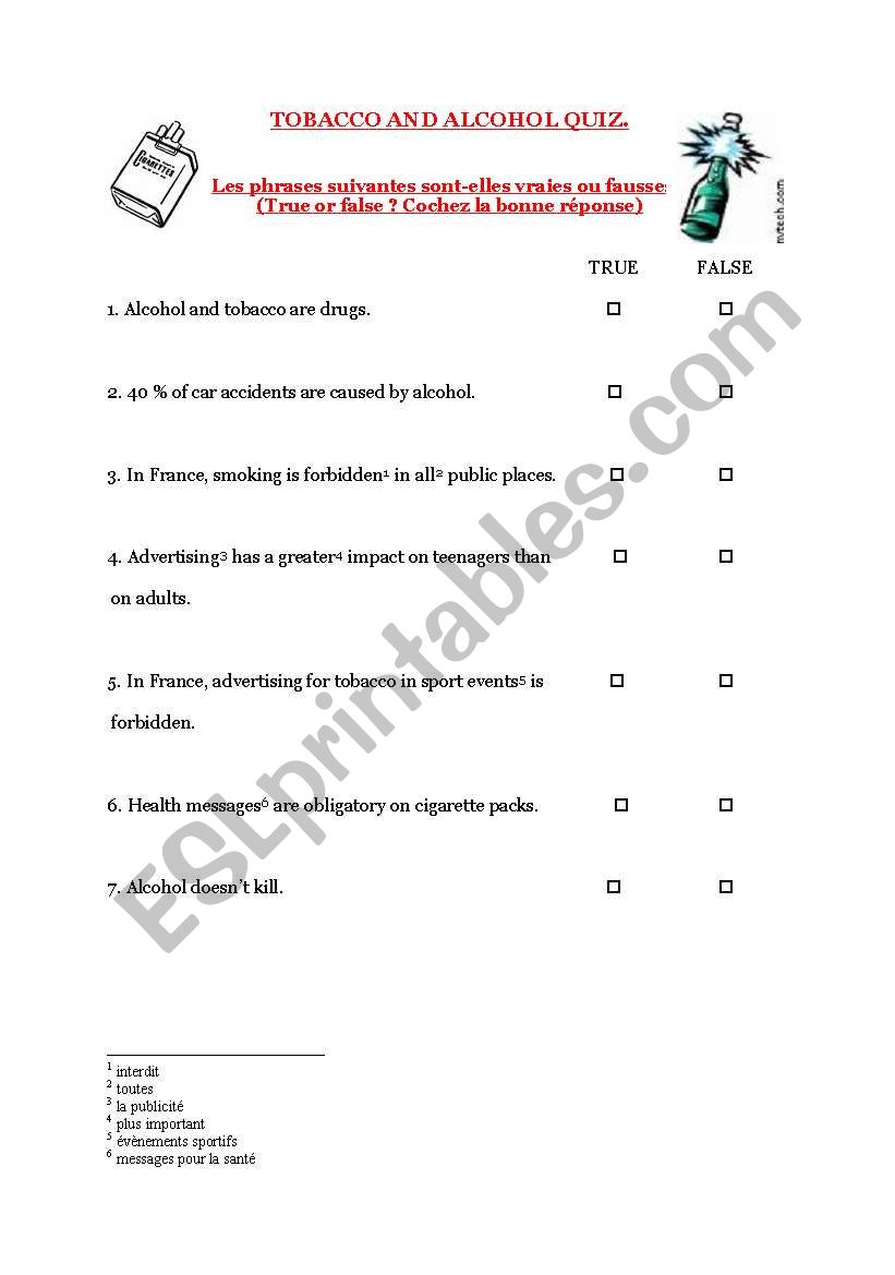 Tobacco and alcohol quiz for teenagers