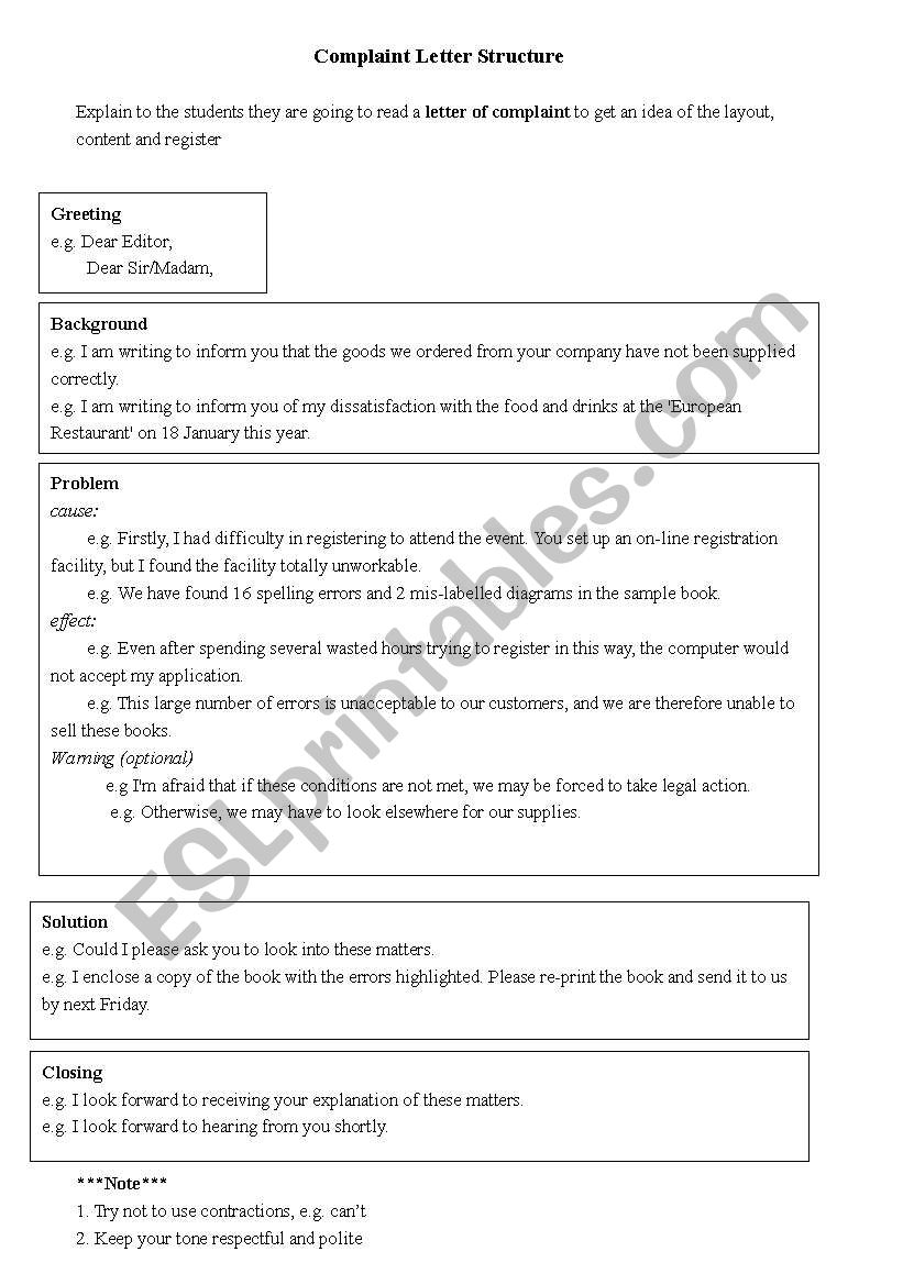 Complaint Letter worksheet