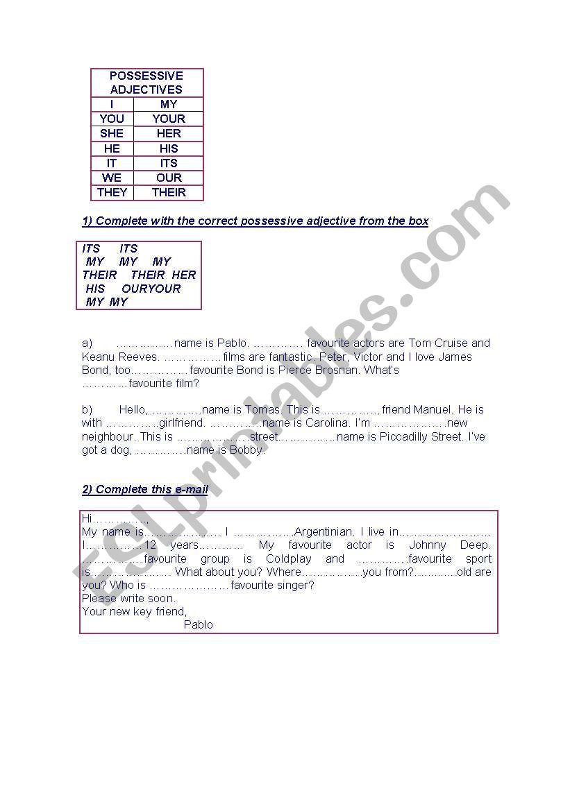 Possessive adjectives worksheet