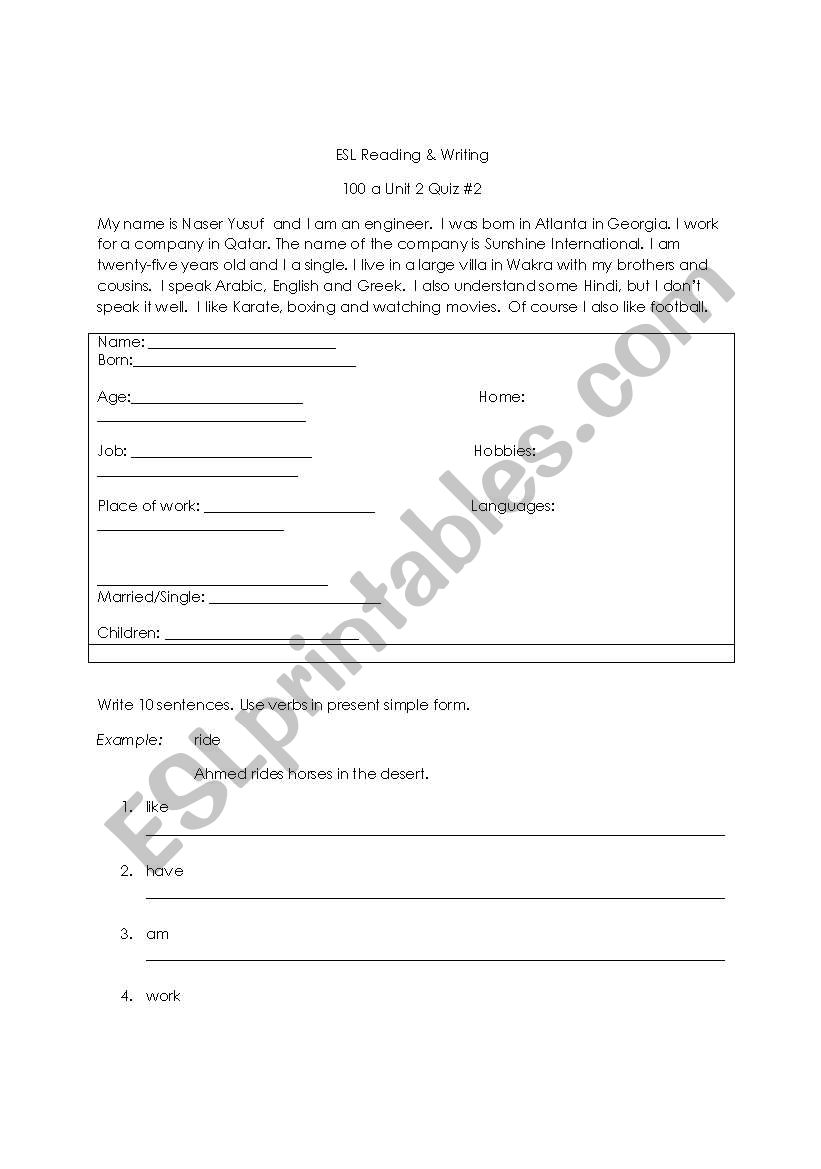 Reading and Writing quiz worksheet