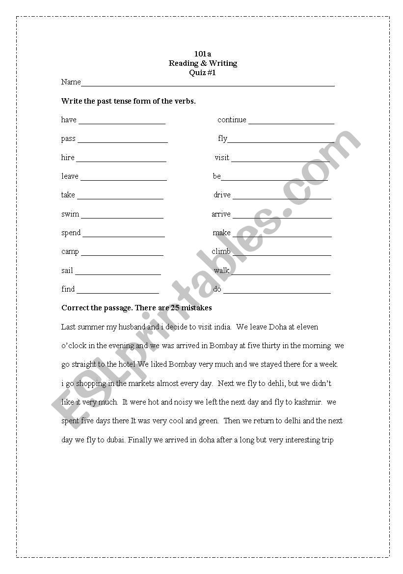 Reading and Writing quiz worksheet