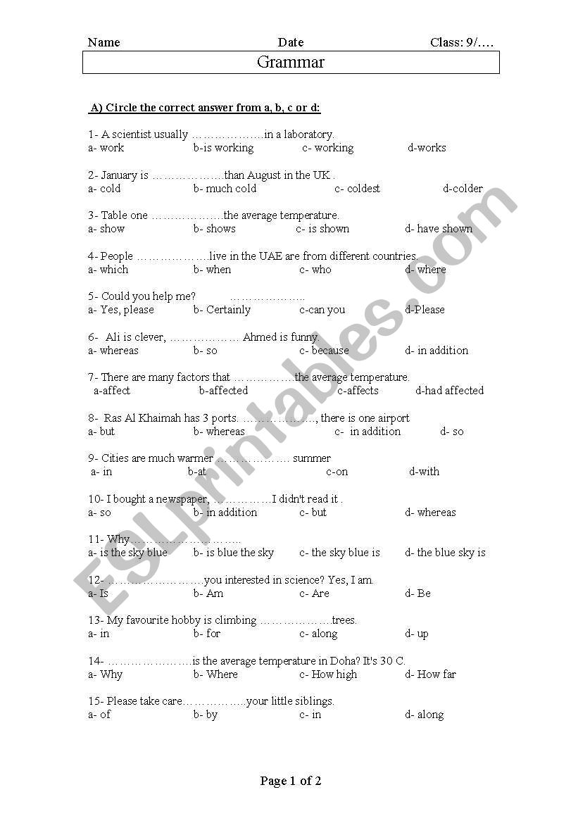 Grammar  worksheet