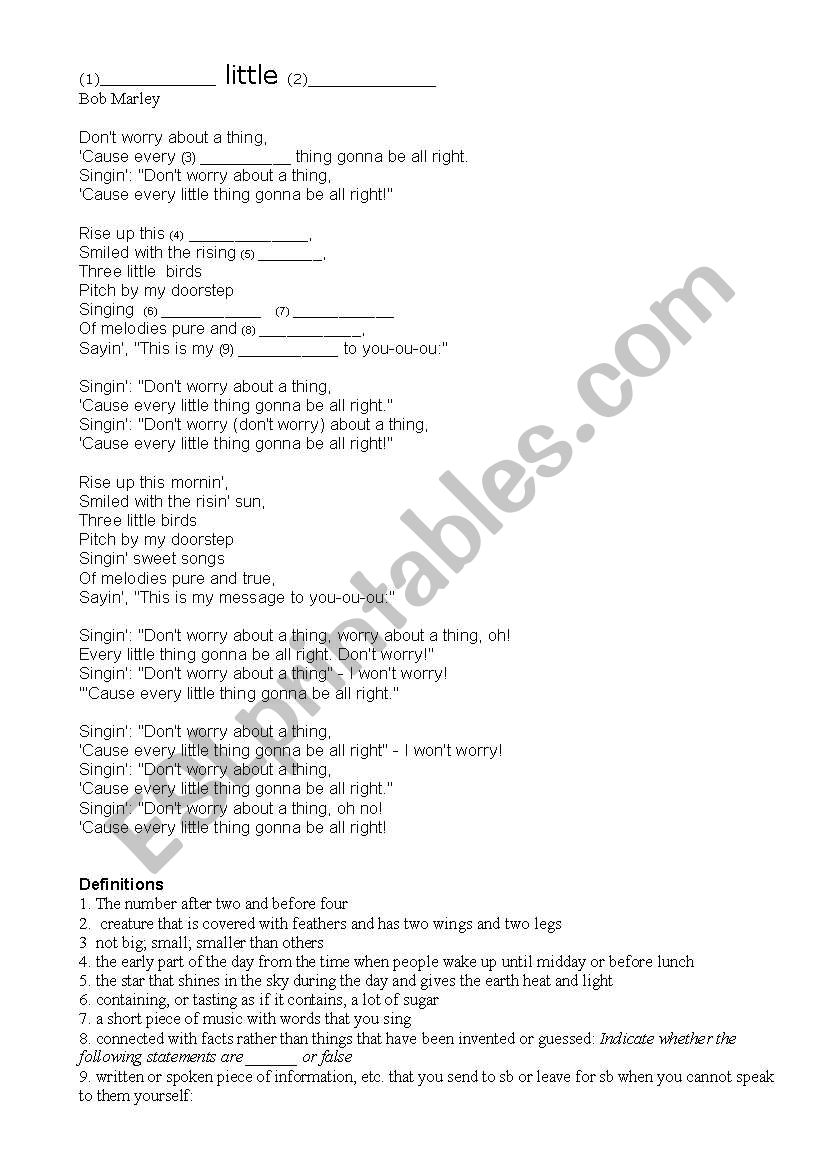 three little birds worksheet