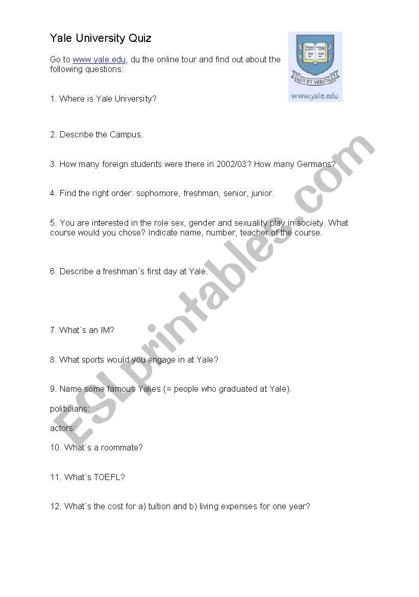 Yale University Quiz worksheet