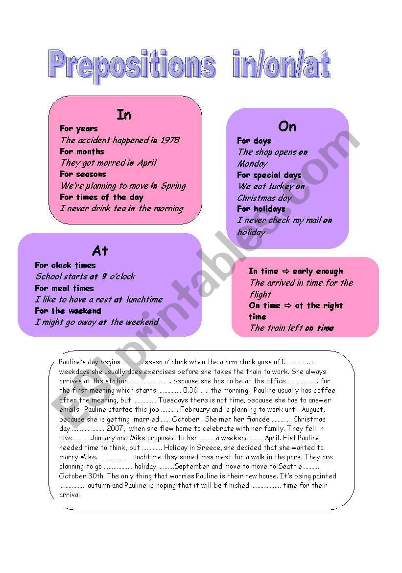 prepositions  in/on/at worksheet