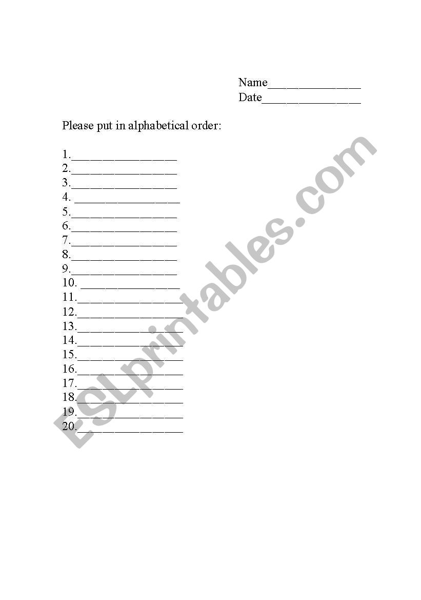 Alphabetical form worksheet