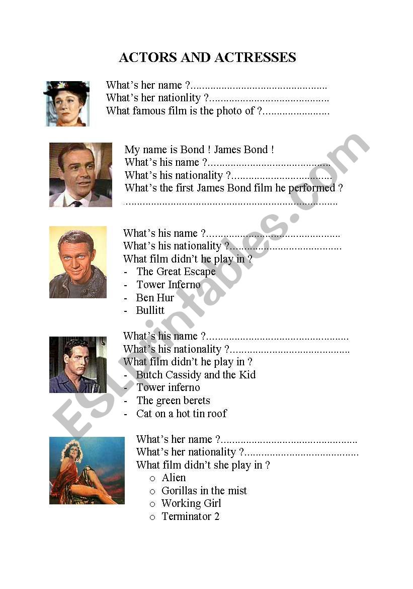 ACTORS AND ACTRESSES worksheet