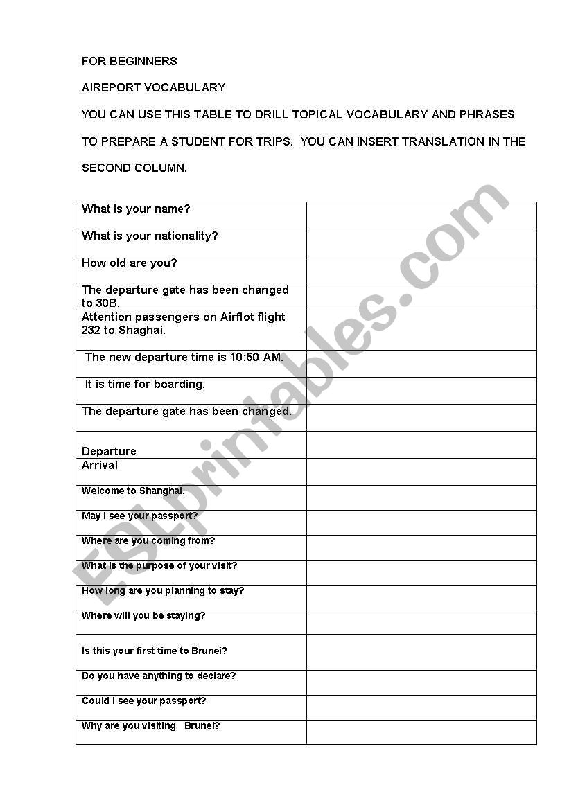 Aireport vocabulary worksheet