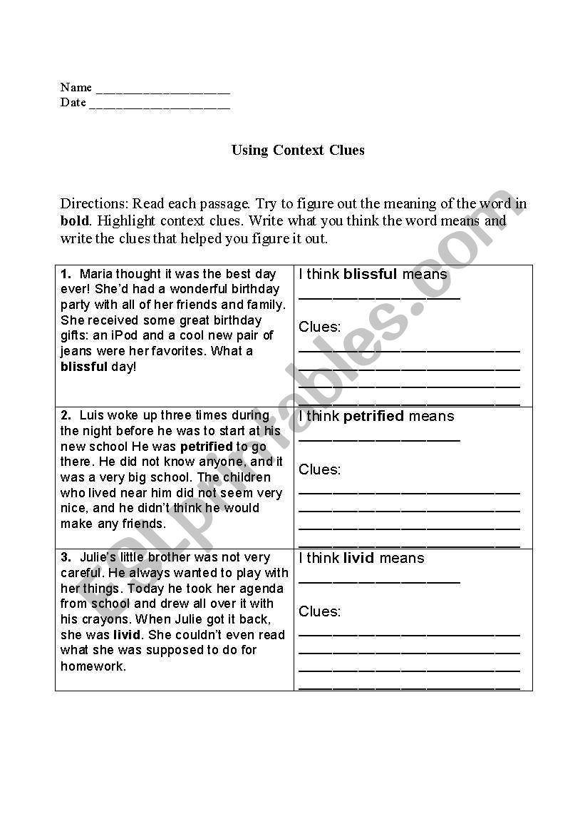 Using Context Clues Esl Worksheet By J1220