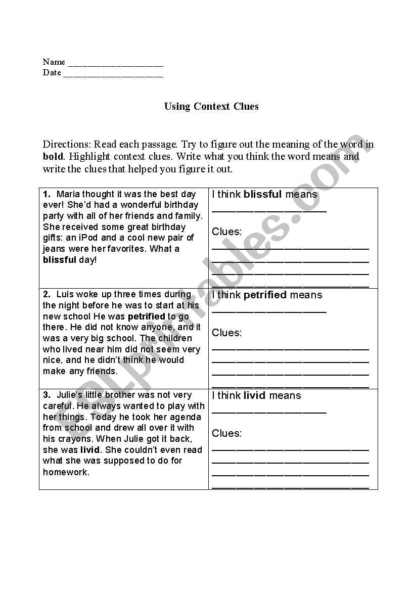 Using Context Clues worksheet