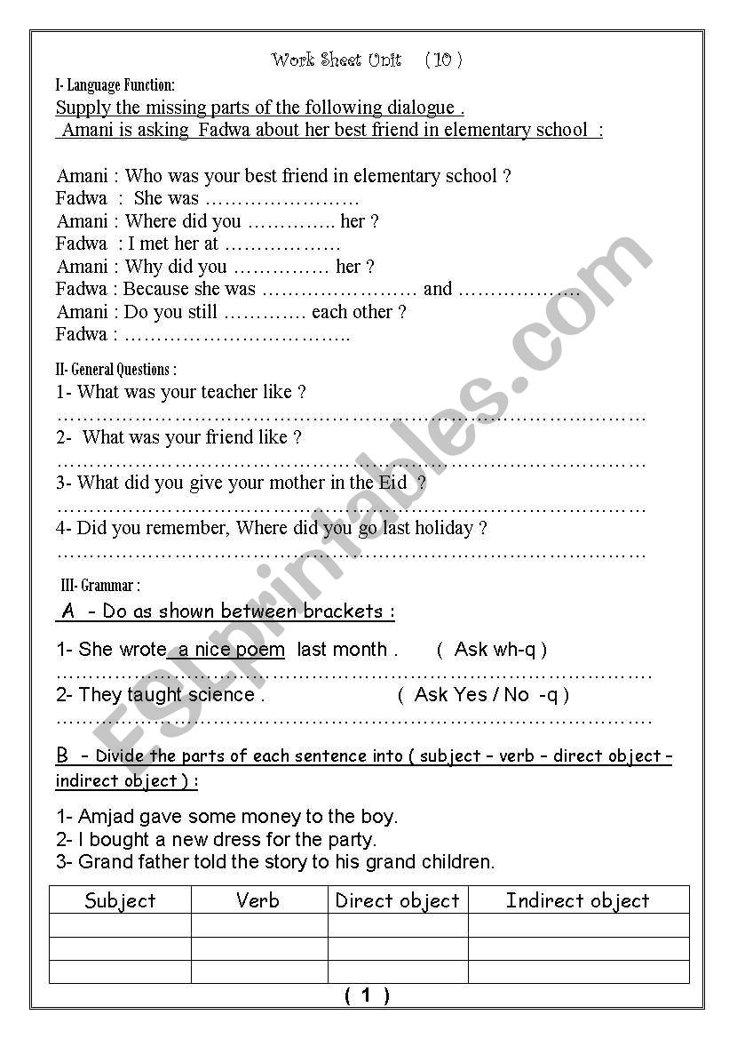 memories worksheet