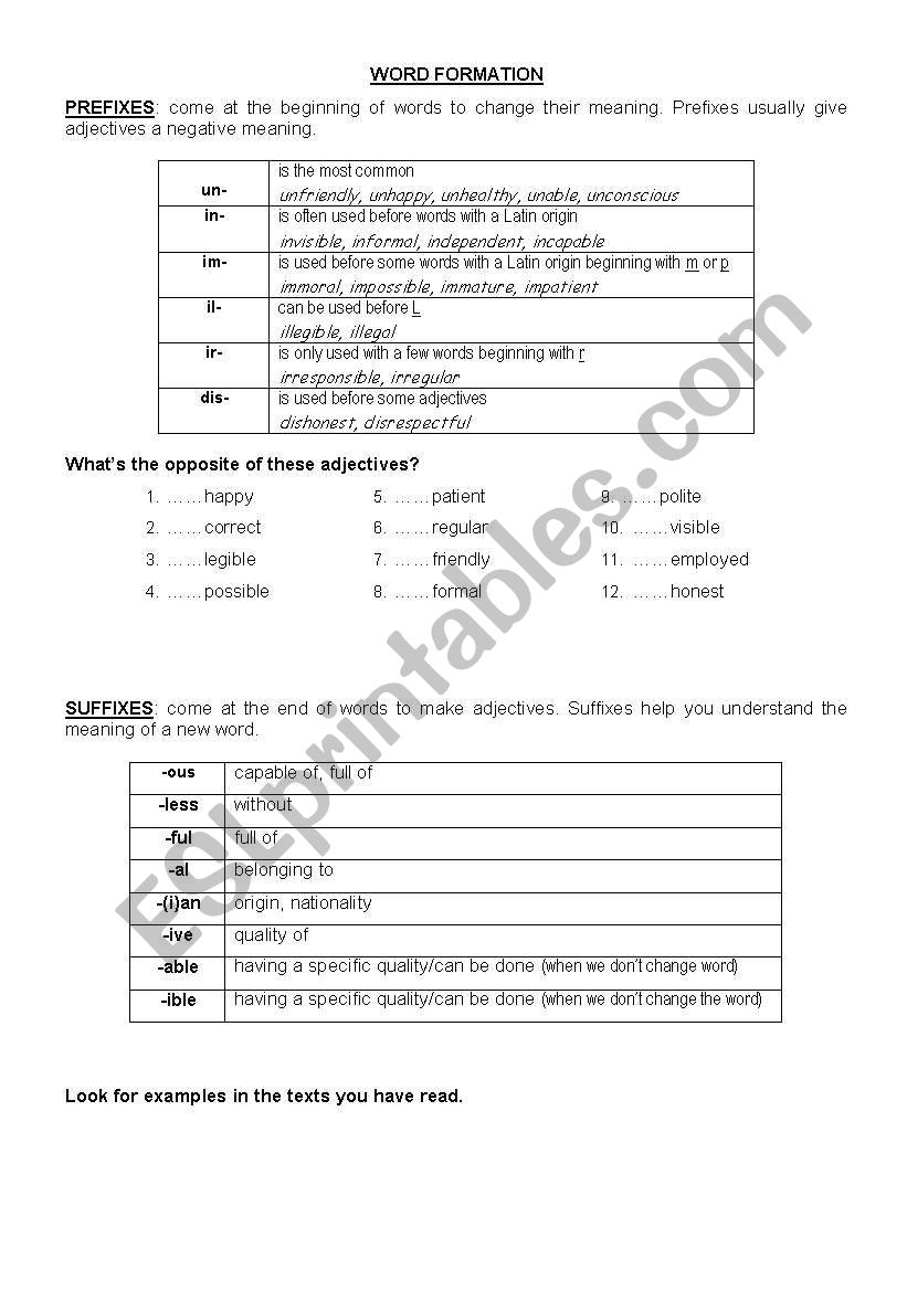 word formation worksheet