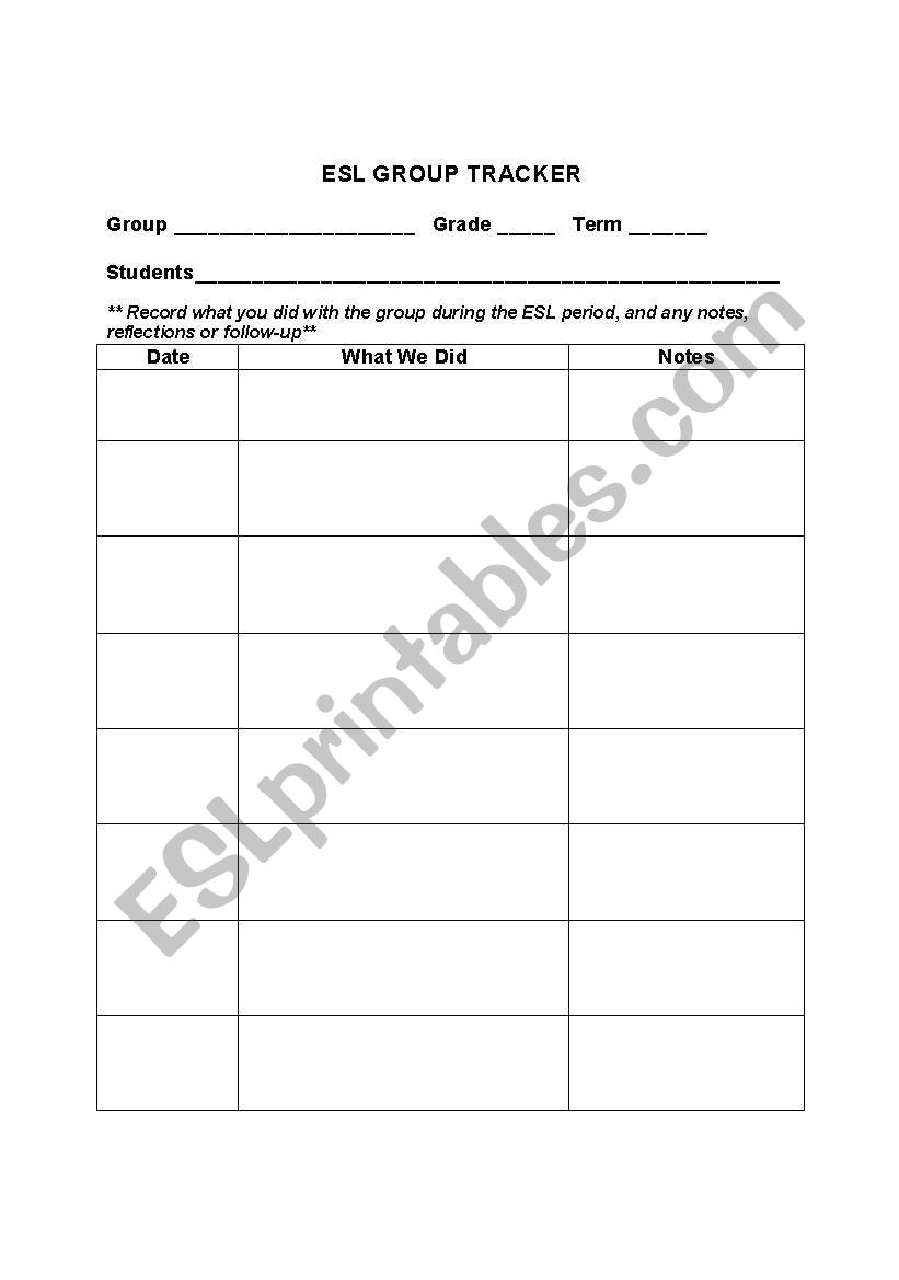 ESL Group Tracker worksheet