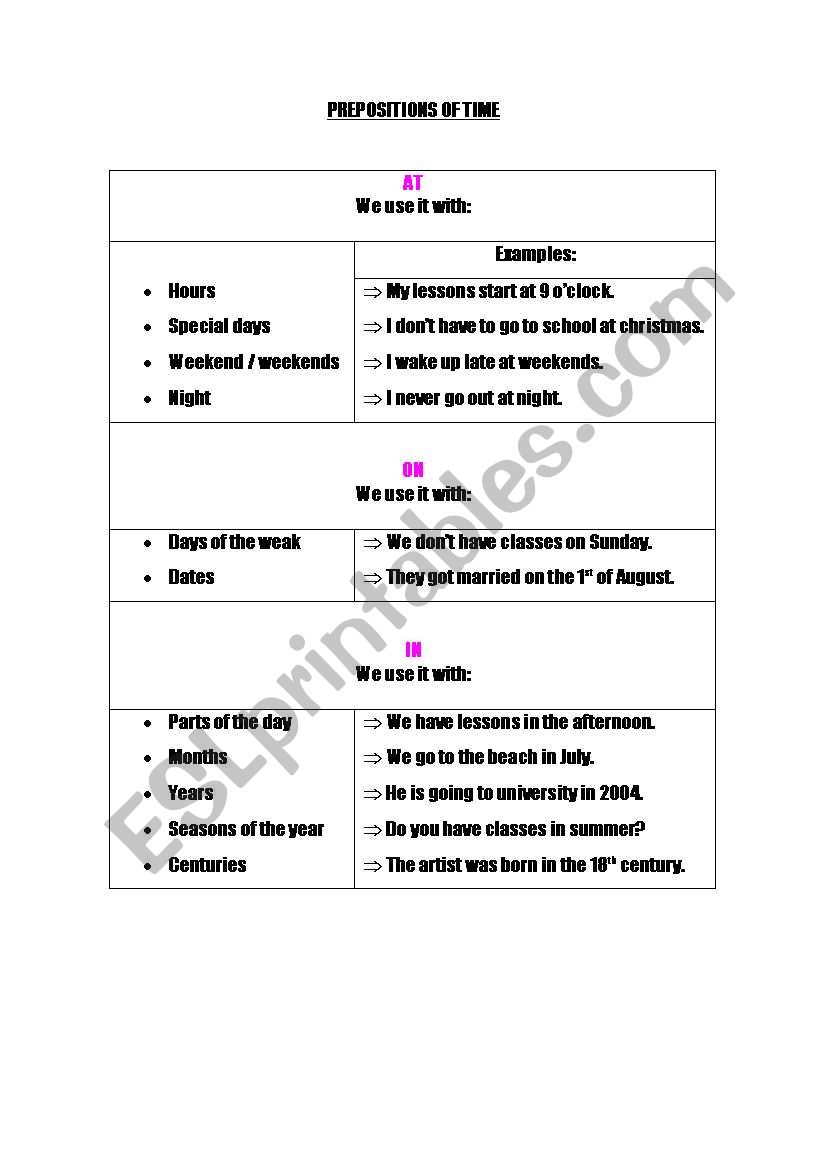 Prepositions of time worksheet