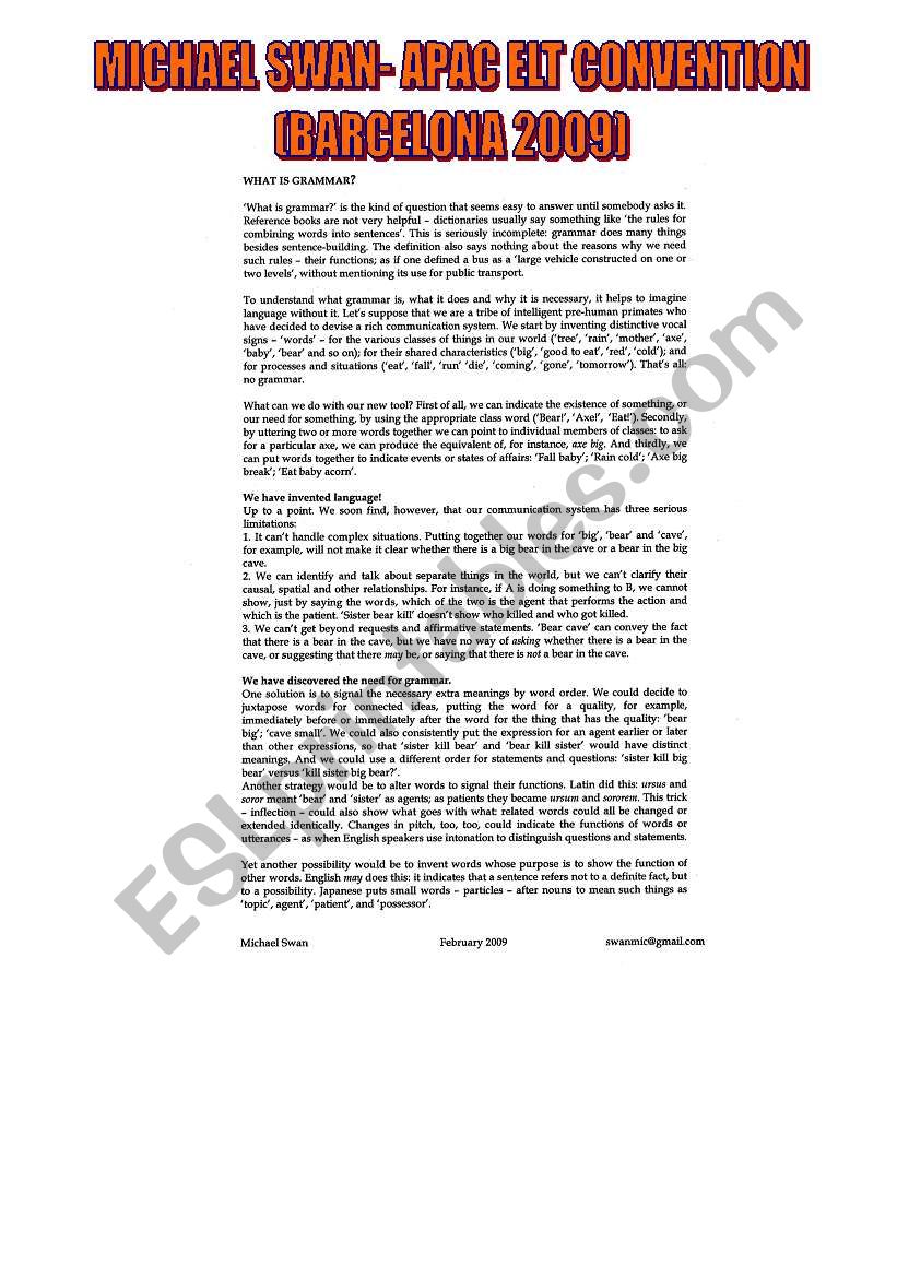 MICHAEL SWAN SEMINAR: WHAT IS GRAMMAR? APAC ELT CONVENTION (BARCELONA 28th FEBRUARY 2009)