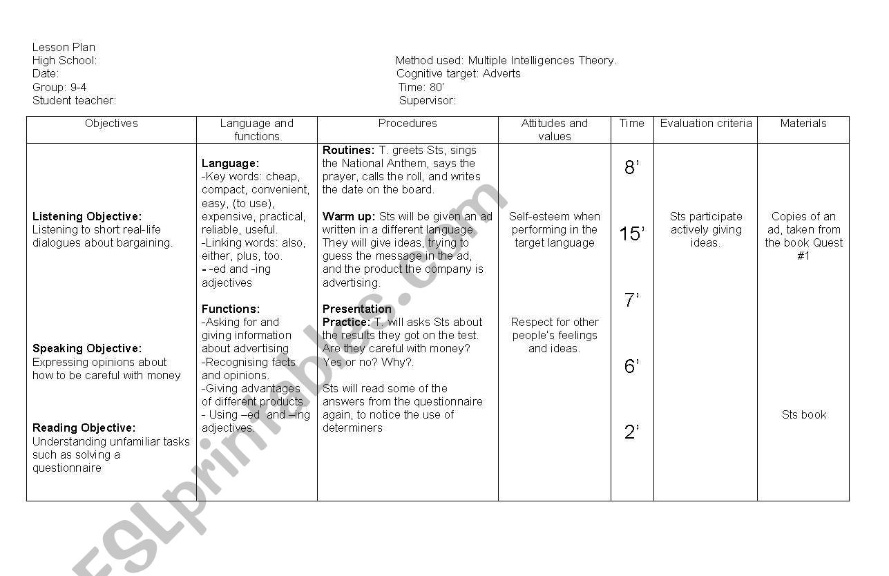 Lesson Plan based on Multiple Intelligences Theory. 