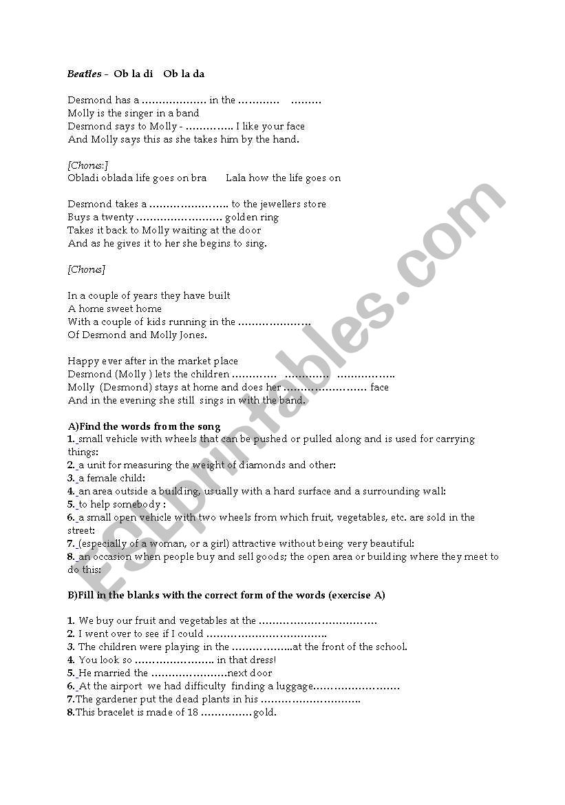 song activity worksheet