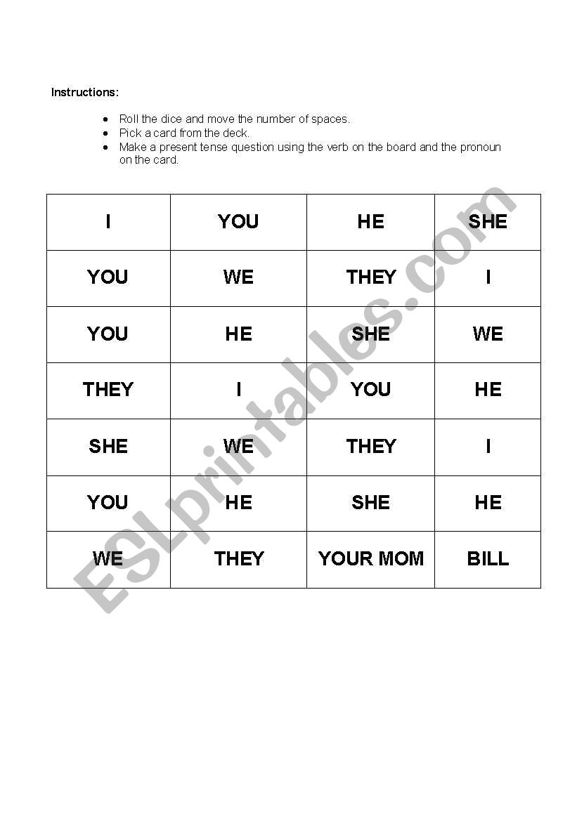 Present Tense Questions Game worksheet