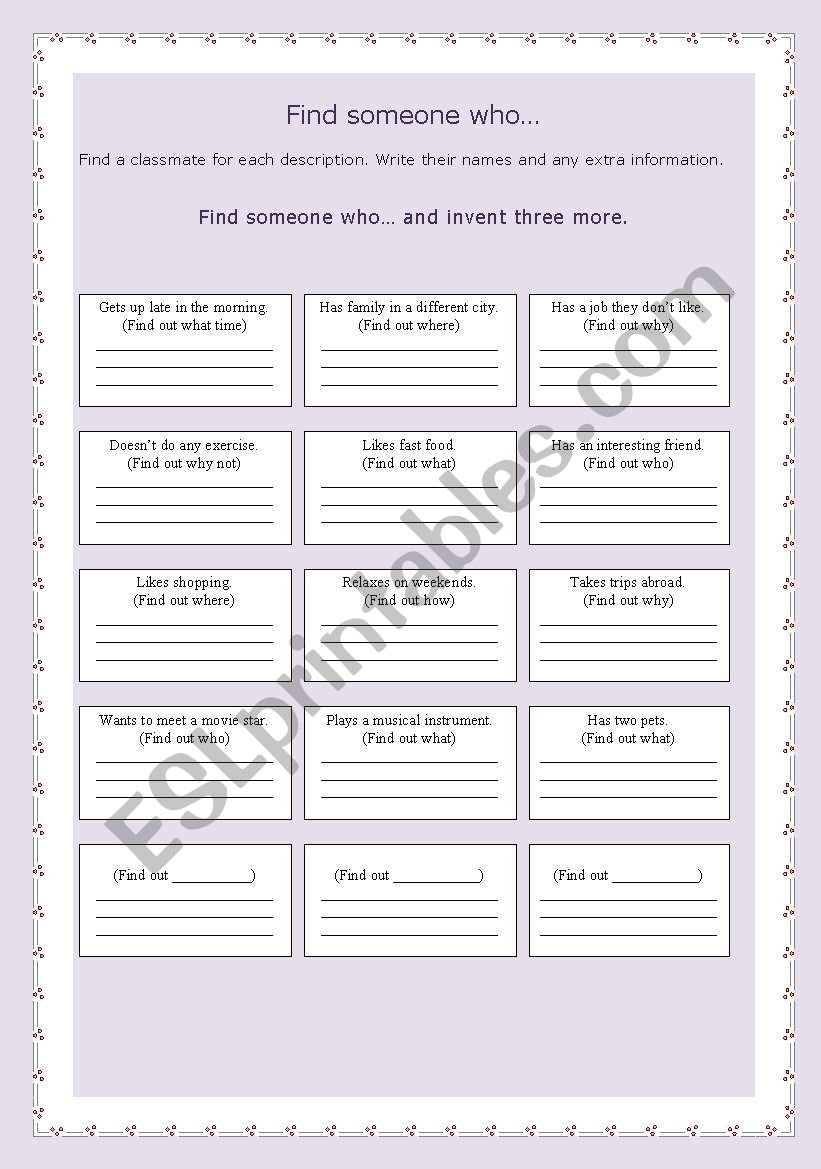 Find someone whoâ€¦ worksheet