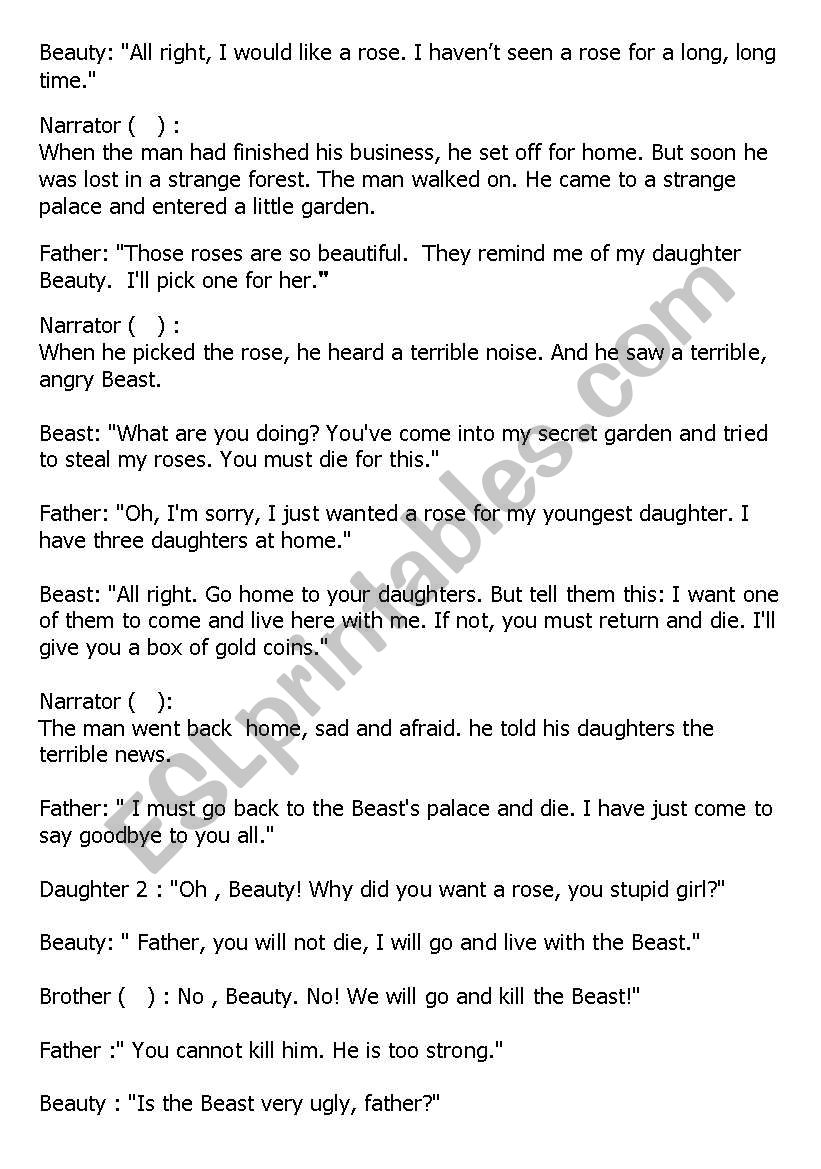 Beauty And The Beast A Play Script For Elementry Level Esl Worksheet By Ms Fadia